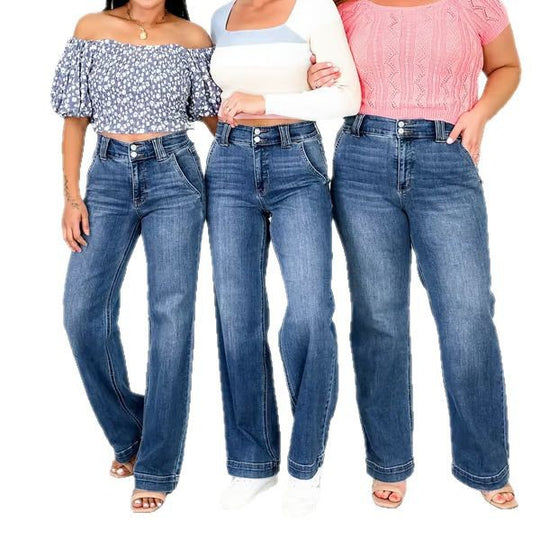 Damen Weit geschnittene Jeans im Vintage-Stil mit hohem Bund und eleganten Nähten EB