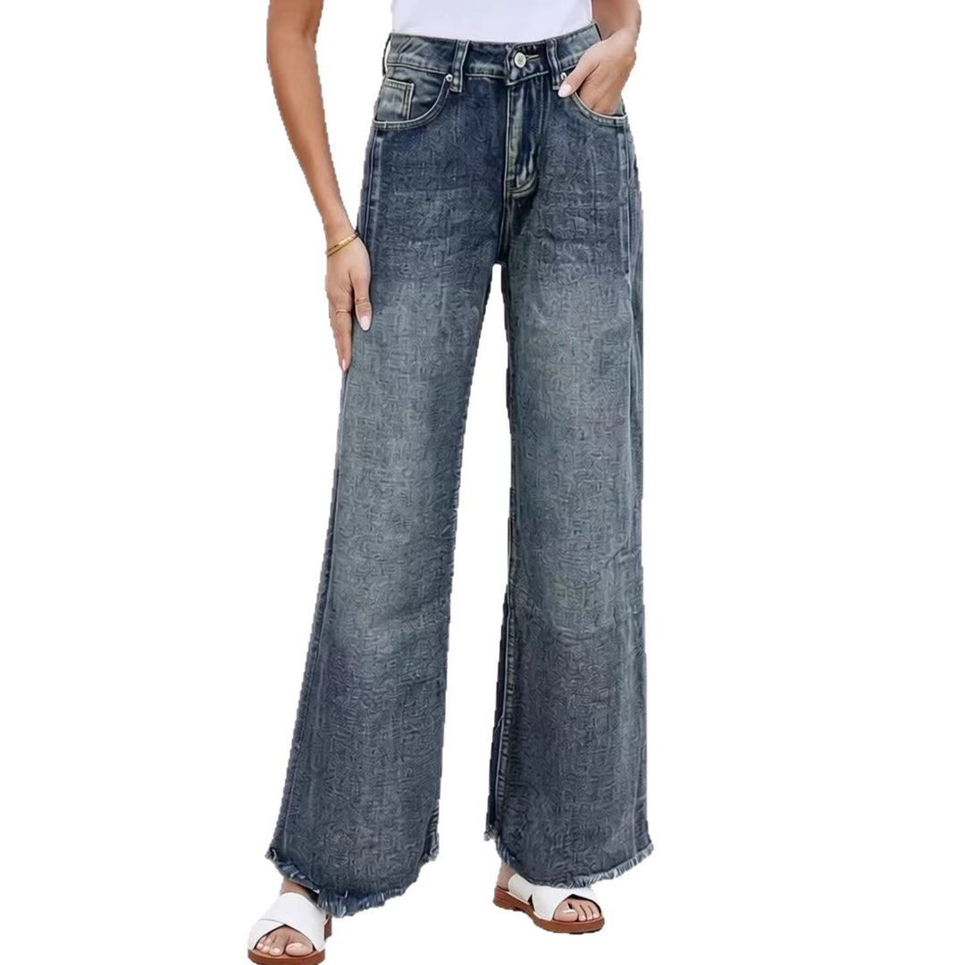 Damen weite Denim-Jeans mit kreativem Muster und fransigem Saum EB