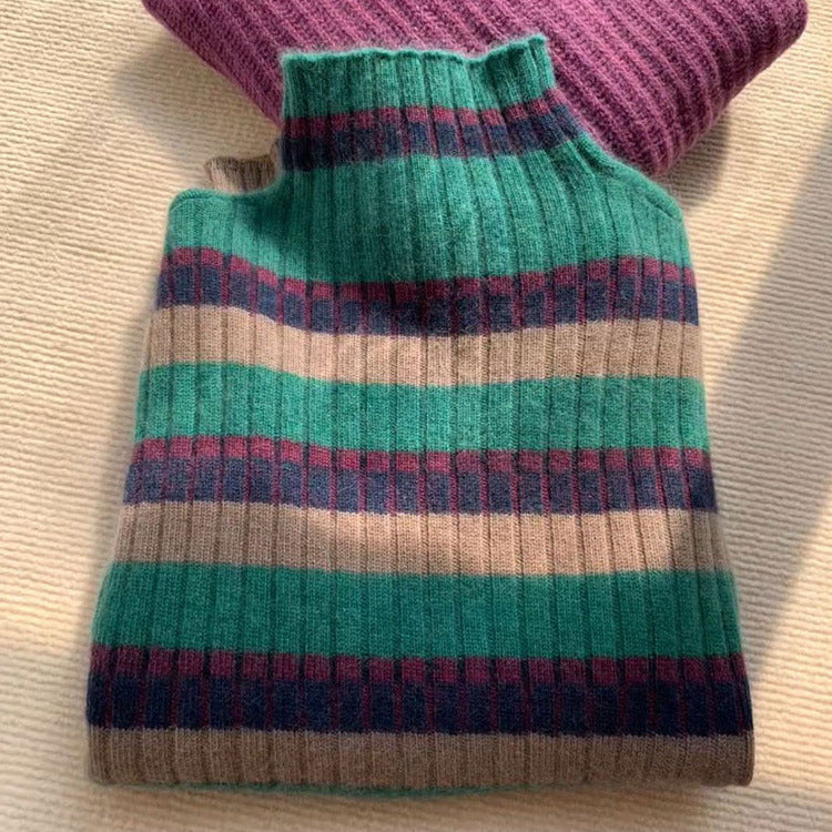 Damen Rippstrickpullover mit hohem Kragen und modischem Streifenmuster EB