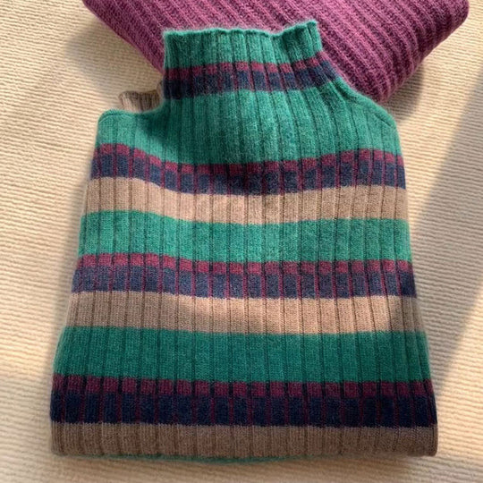 Damen Rippstrickpullover mit hohem Kragen und modischem Streifenmuster EB