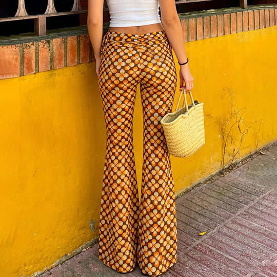 Damen nan ausgestellte Schlaghose mit hoher Taille, seitlichen Kordelzügen und retro Blumenprint EB