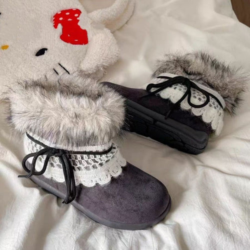 Damen Winter Stiefel mit flauschigem Kragen und elegantem Spitzenbesatz EB