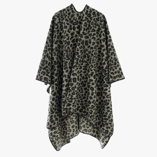 Damen Rechteckiger Wickel‑Ruana mit Leoparden‑Bouclé und feiner Kettelung EB