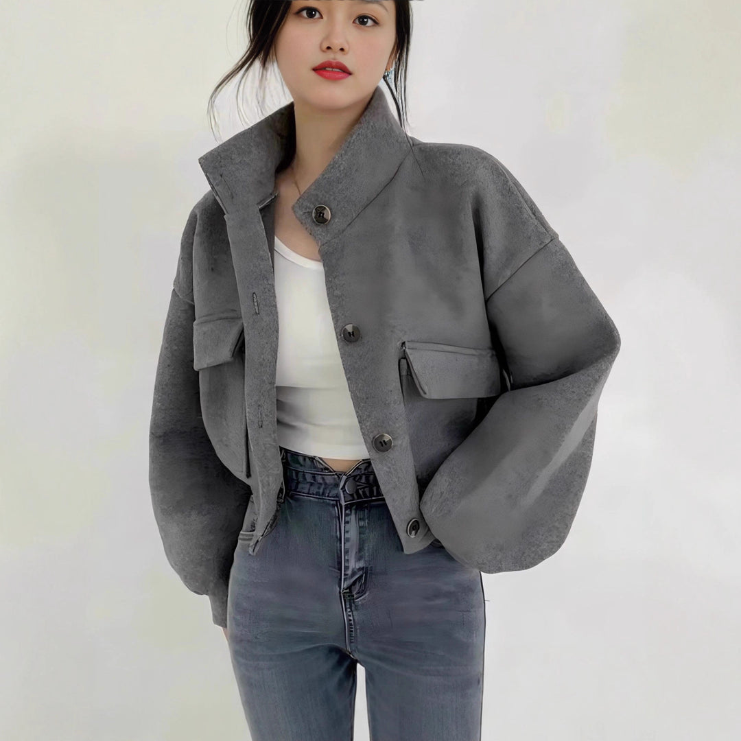 Damen Kurze Oversize-Wolloptik-Jacke mit Stehkragen und Ballonärmeln EB