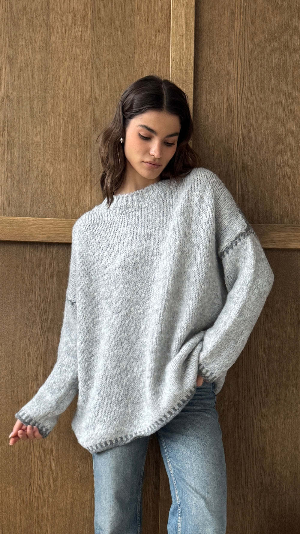 Damen kuscheliger Strickpullover mit kontrastierenden Akzentdetails EB