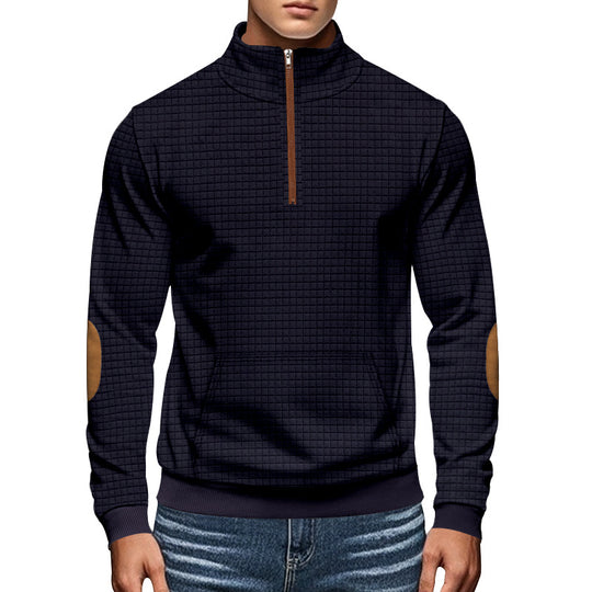 Herren nan gestepptes Halfzip-Sweatshirt mit Stehkragen, Kängurutasche und Kunstleder-Ellenbogenpatches EB