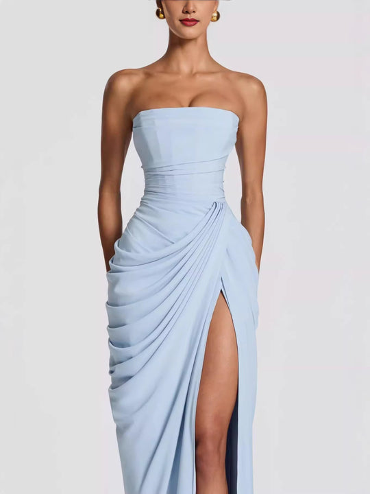 Damen Elegantes Bandeau Abendkleid mit Raffungen und Beinschlitz EB