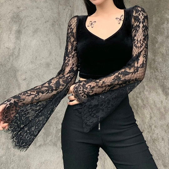 Damen Crop-Top mit eleganten Spitze-Ärmeln und figurbetontem Schnitt EB