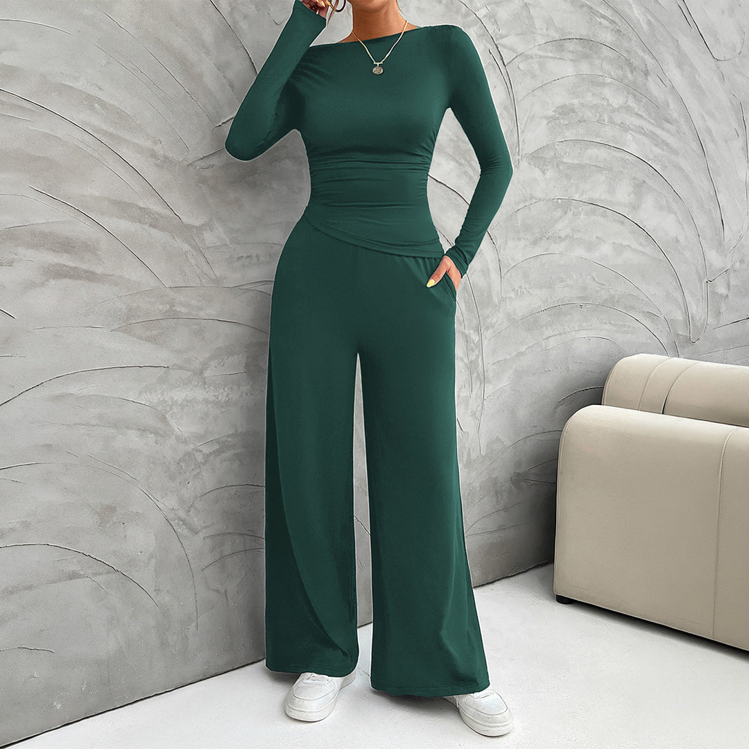 Damen nan zweiteiliges Jersey-Set mit asymmetrischer Wickeloptik, Langarmtop und weiter High‑Waist‑Hose EB