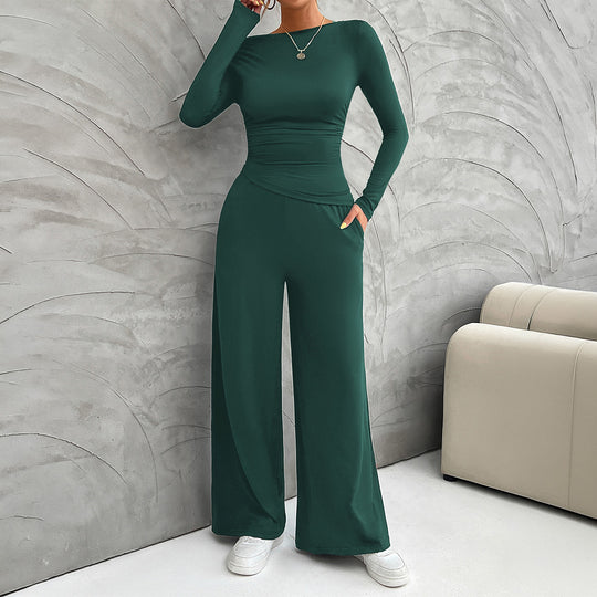 Damen nan zweiteiliges Jersey-Set mit asymmetrischer Wickeloptik, Langarmtop und weiter High‑Waist‑Hose EB
