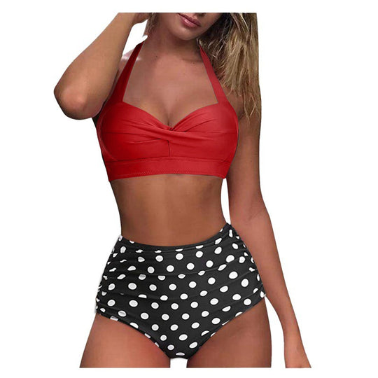 Damen Hochtaillierter Karobikini mit gerafftem Oberteil EB