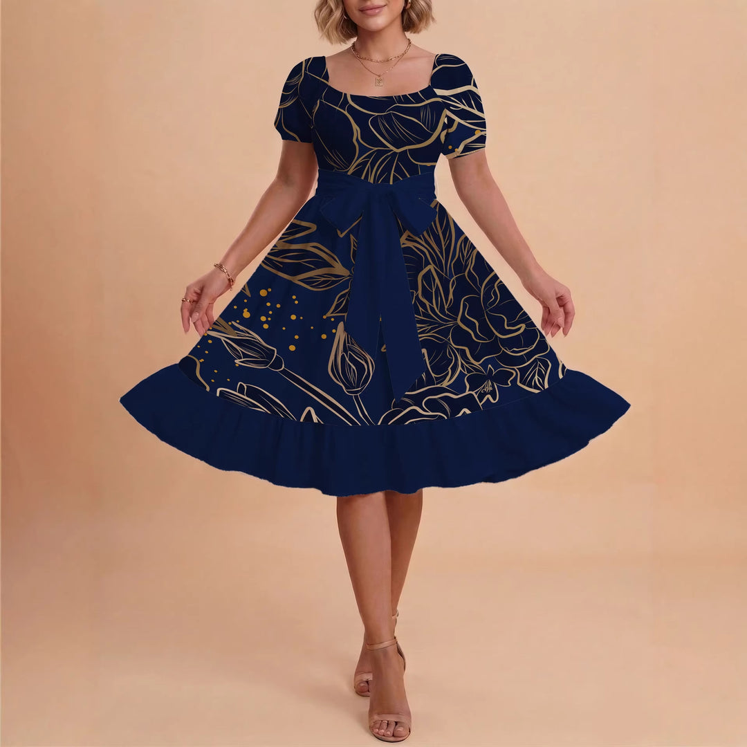 Damen A-Linien-Kleid mit floralen Motiven und taillierbarem Gürtel EB