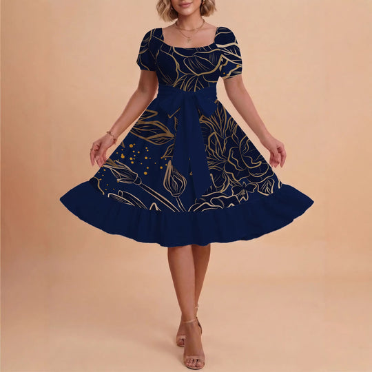 Damen A-Linien-Kleid mit floralen Motiven und taillierbarem Gürtel EB