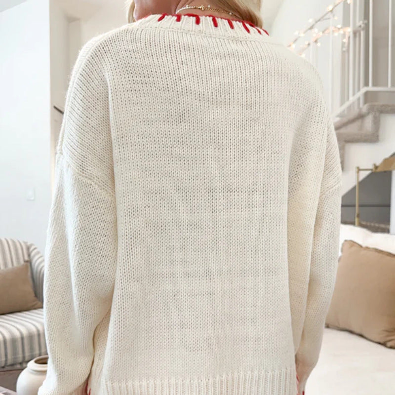 Damen Grob gestrickter Pullover mit dekorativem Schleifenmuster und kontrastierenden Abschlüssen EB