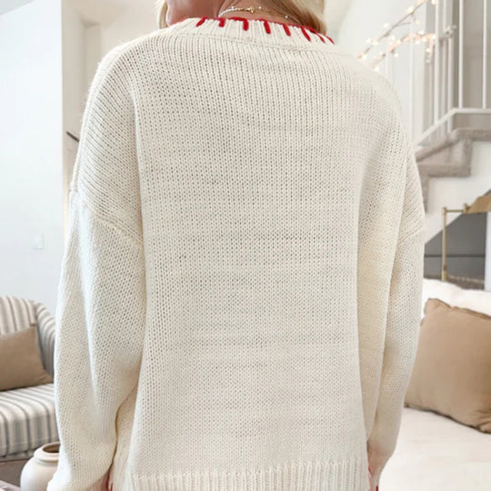 Damen Grob gestrickter Pullover mit dekorativem Schleifenmuster und kontrastierenden Abschlüssen EB