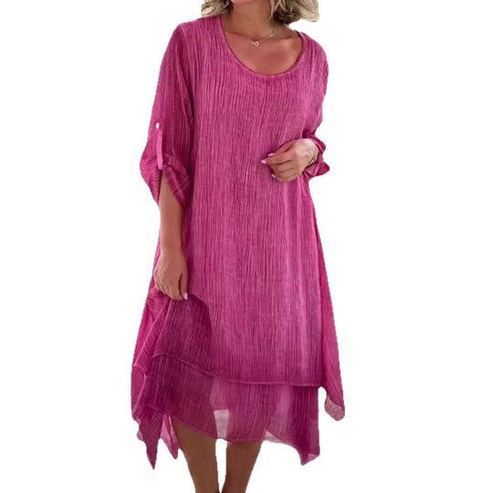 Damen nan weites Musselin-Midikleid mit rundem Halsausschnitt, krempelbaren halblangen Ärmeln und mehrlagigem Stufenrock EB