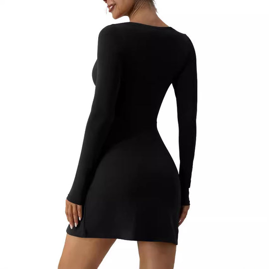 Damen elegantes Minikleid mit tiefem Herzausschnitt und langen Ärmeln EB
