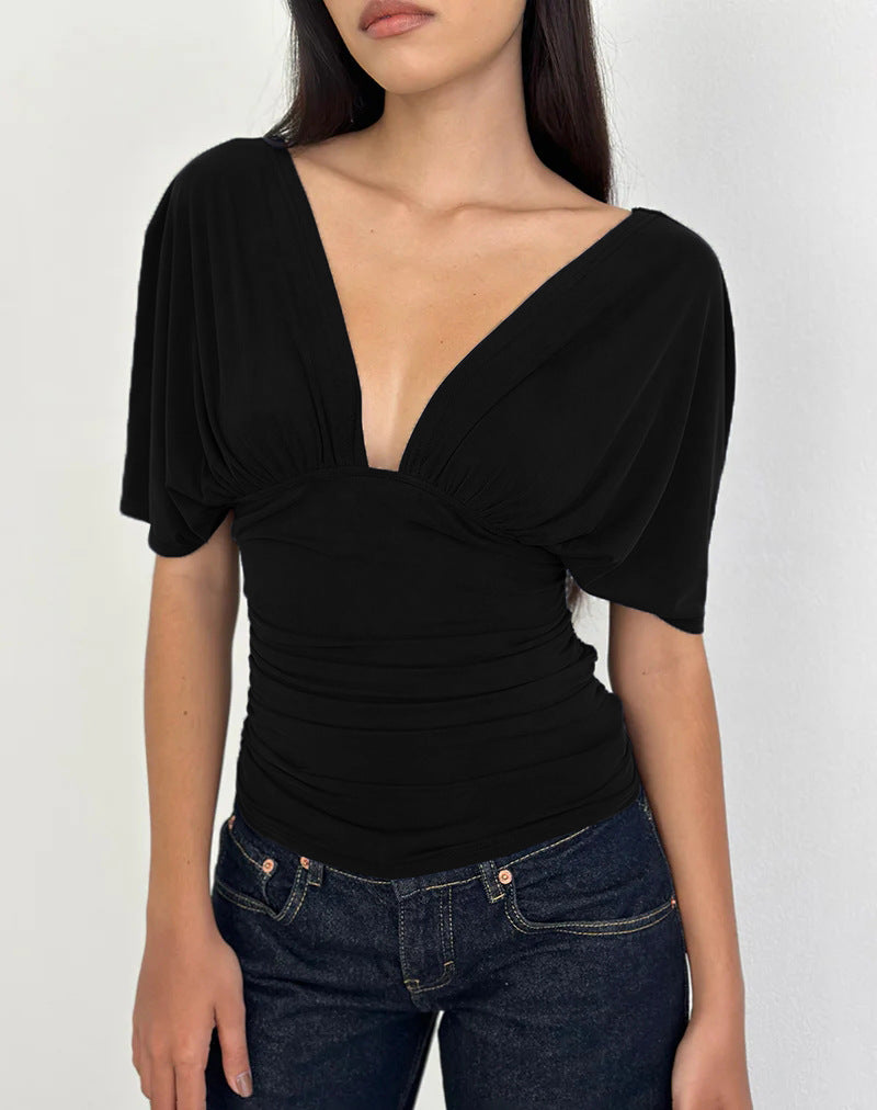 Damen Elegantes Oberteil mit tiefem V-Ausschnitt und lässigem Drapierungsdesign EB