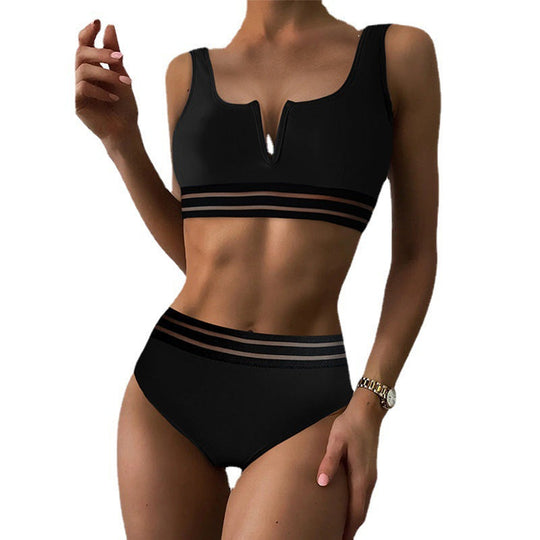 Damen Sportliches Bikini-Set mit Hohem Bund und Transparenten Akzenten EB
