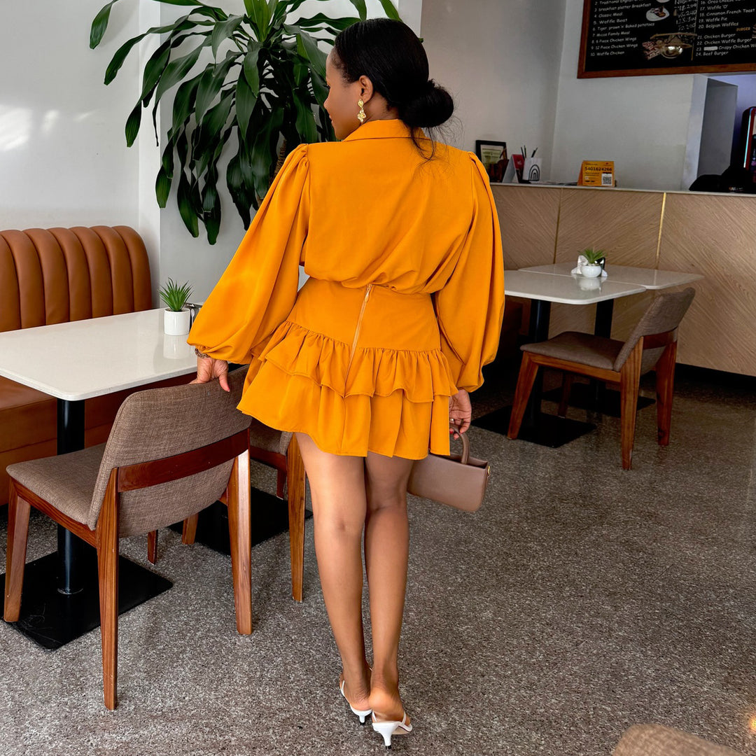 Damen Hemdblusenkleid mit voluminösen Puffärmeln und fließendem Rock EB