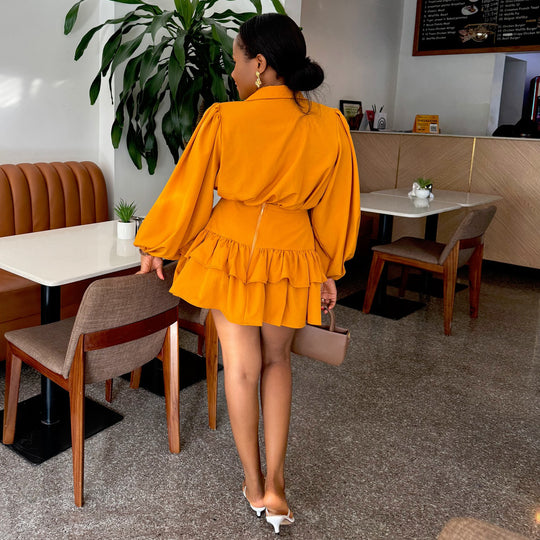 Damen Hemdblusenkleid mit voluminösen Puffärmeln und fließendem Rock EB