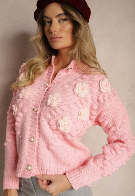 Damen Strickjacke mit floralen Details und Knopfverschluss EB