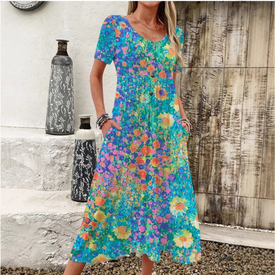 Damen Maxi-Kleid mit floralem Design und praktischen Taschen EB