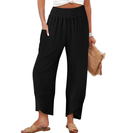 Damen Weite Sommerhose mit elastischem Bund und praktischen Taschen EB