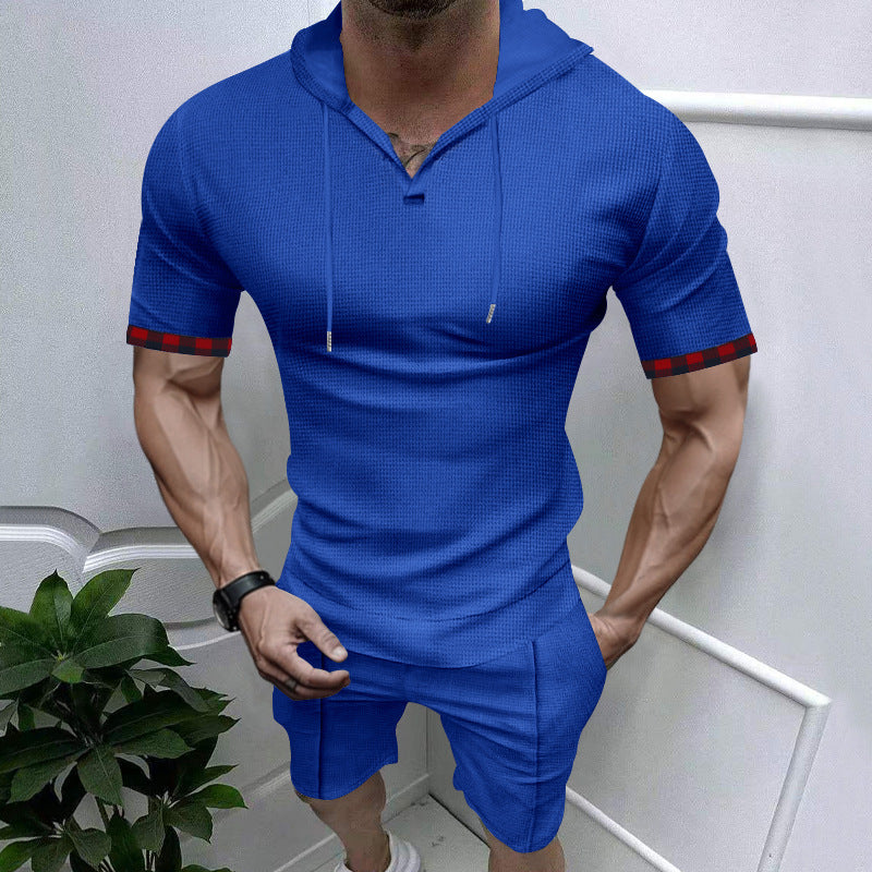 Herren nan sommerliches Kapuzen-Lounge-Set in leichter Waffelstruktur mit Kurzarm-Hoodie Henley-Öffnung und Komfort-Shorts EB