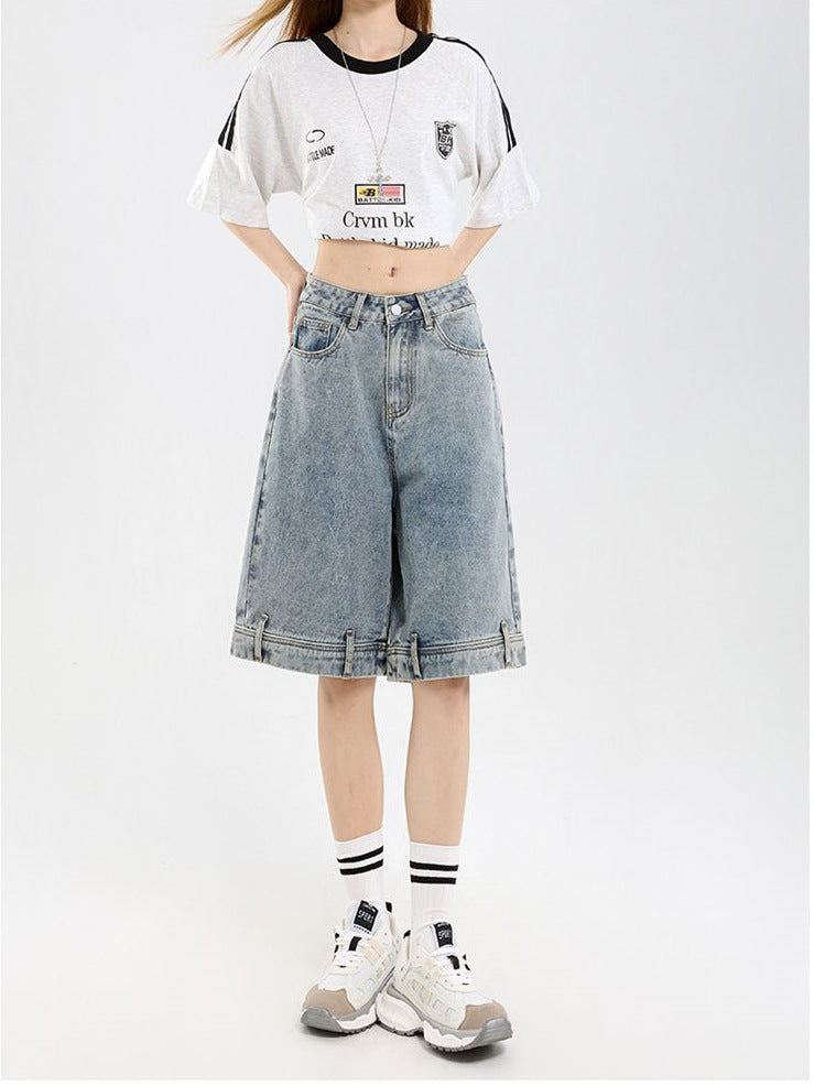Damen klassische Denim-Shorts mit weitem Bein EB