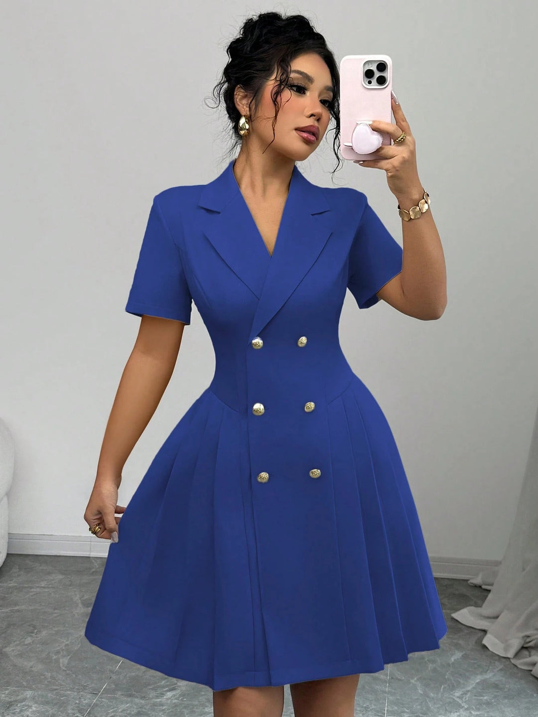 Damen elegantes A-Linien Kleid mit doppelter Knopfleiste und plissiertem Rock EB
