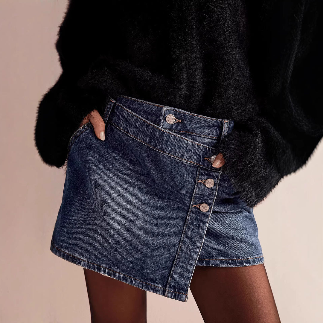 Damen modischer A-Linien-Denimrock mit asymmetrischem Knopfdesign und praktischen Taschen EB