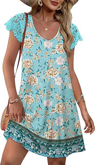 Damen Sommerkleid mit eleganten Spitzenärmeln und floralem Muster EB