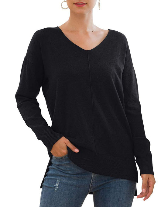Damen eleganter V-Ausschnitt Pullover mit asymmetrischem Saum EB