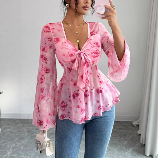 Damen Chiffonbluse mit Bindeknoten, V‑Ausschnitt und ausgestellten Glockenärmeln EB