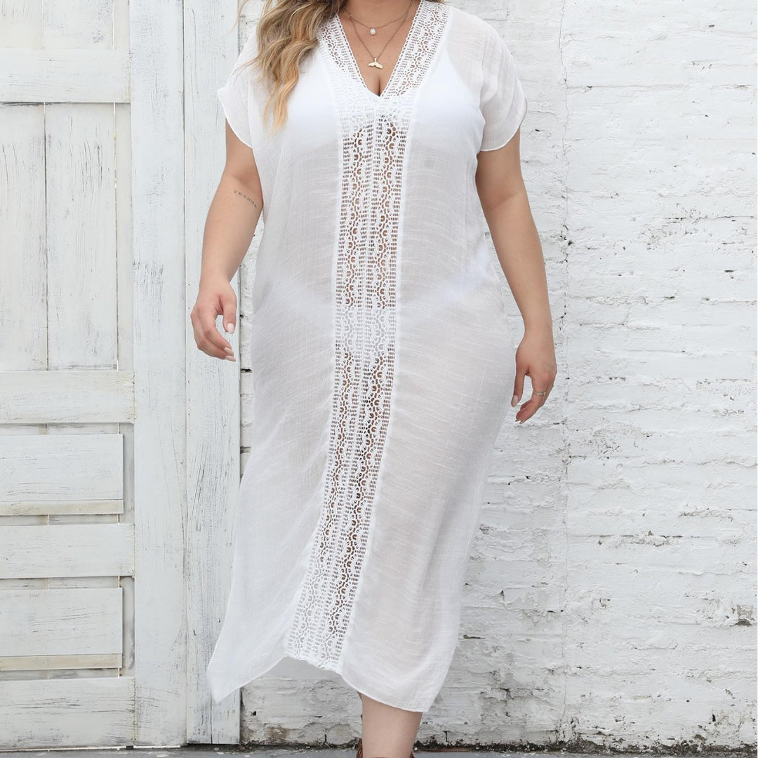 Damen eleganter Maxi-Kaftan mit großzügigem V-Ausschnitt und filigranen Häkelakzenten EB