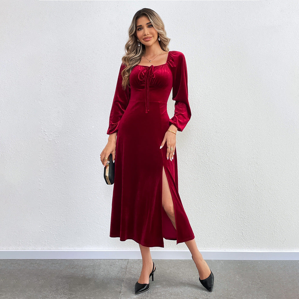 Damen elegantes Samt-Midikleid mit Binddetail am Bustier, taillierter Schnitt und seitlichem Oberschenkelschlitz Eichborn Berlin