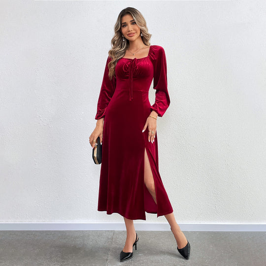 Damen elegantes Samt-Midikleid mit Binddetail am Bustier, taillierter Schnitt und seitlichem Oberschenkelschlitz Eichborn Berlin