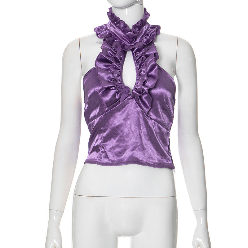 Damen elegantes Top mit rüschendem Stehkragen und tiefem Ausschnitt EB