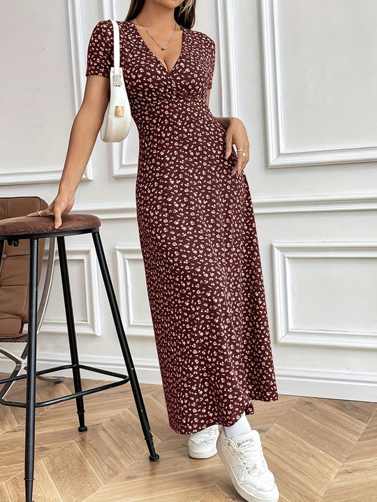 Damen Maxi-Kleid mit Blumenmuster und V-Ausschnitt EB