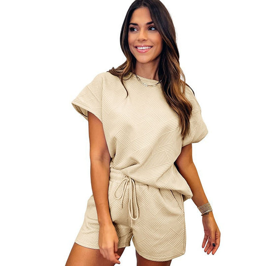 Damen gemütliches Freizeit-Set mit strukturiertem Oberteil und Shorts EB