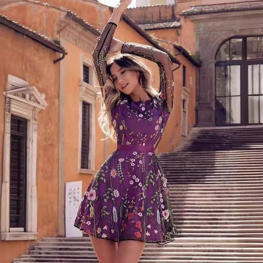 Damen Blumenmuster Kleid mit transparenten Ärmeln und Taillengürtel EB