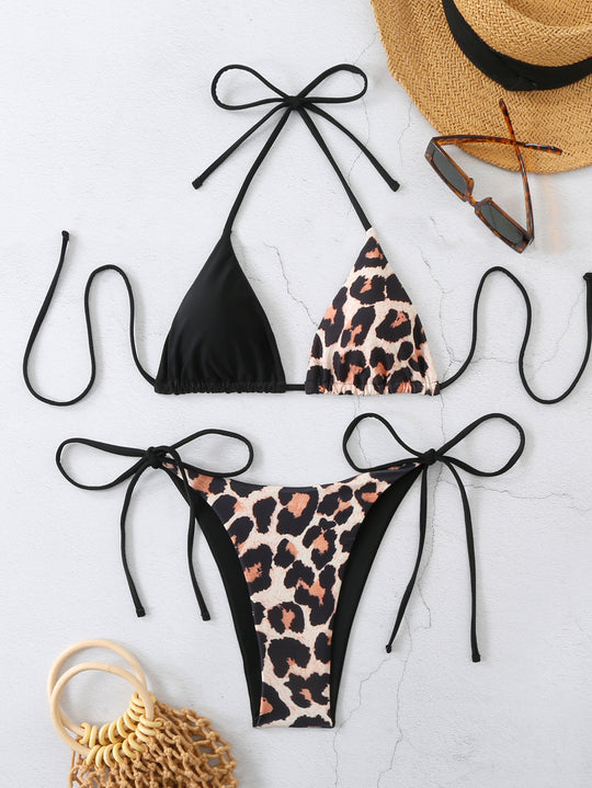 Damen Triangel-Bikini mit modernem Leo-Print und verstellbaren Bindebändern EB
