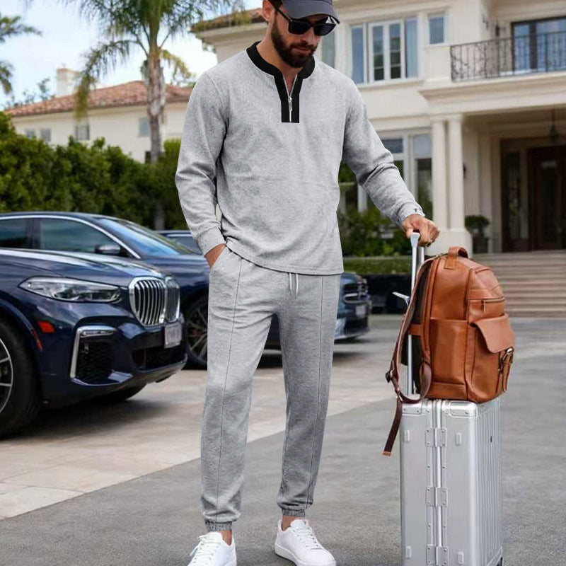 Herren Leichtes Henley-Loungewear-Set mit Kontrastkragen, Tunnelzug-Jogger und elastischen Bündchen EB