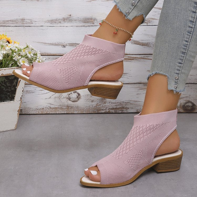 Damen Offene Mules mit Strickdesign und Retro-Blockabsatz EB