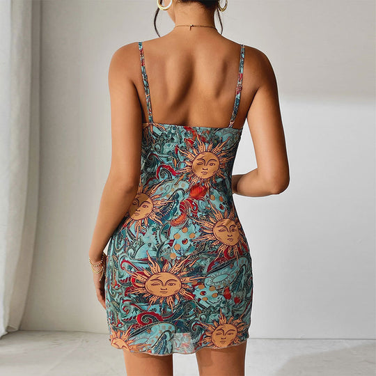Damen Minikleid mit schickem Sonnen-Design und Spaghettiträgern EB