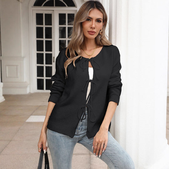 Damen lockere Strickjacke mit Tunnelzug EB