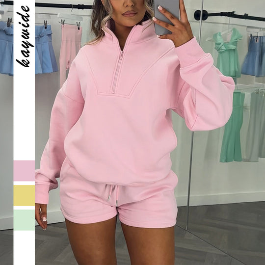 Damen nan lässiges Sweatshirt-Set mit halbem Reißverschluss, Kängurutasche und High-Waist-Shorts EB