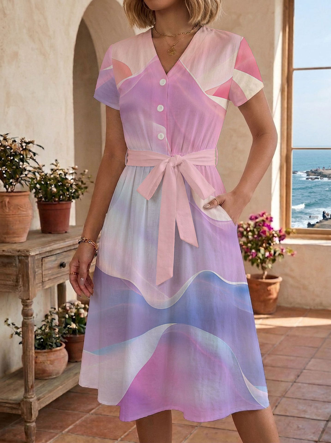 Damen Sommerliches Kleid mit taillierbarem Bindegürtel und floralem Muster EB