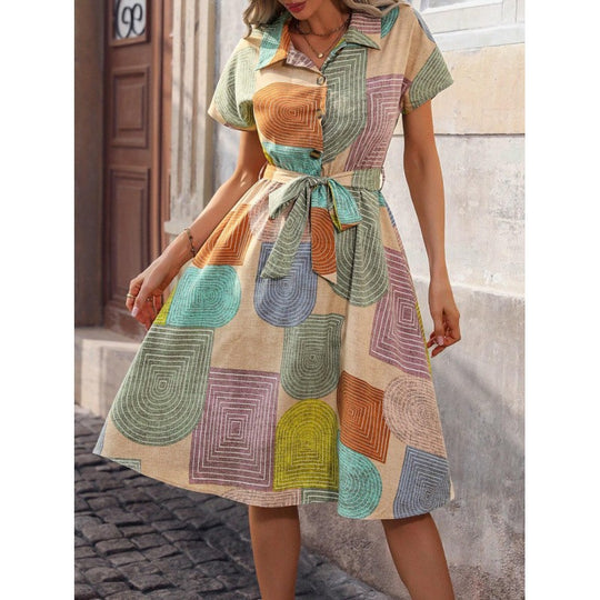 Damen Hemdkleid mit buntem geometrischem Muster und Taillengürtel EB